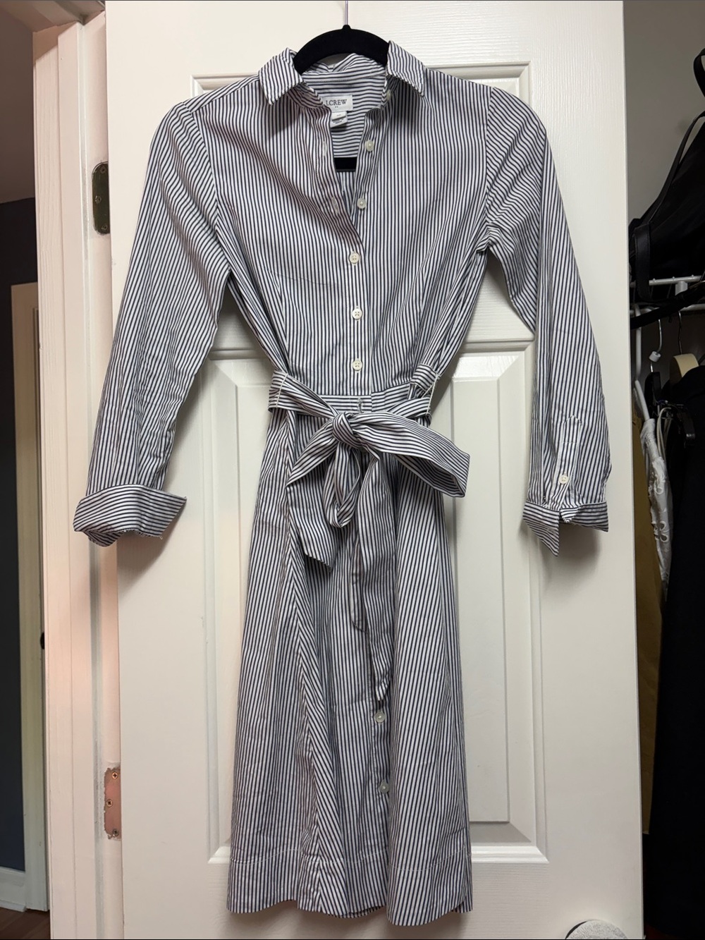 J. Crew Black and White Striped Tie-Waist Shirt Dress